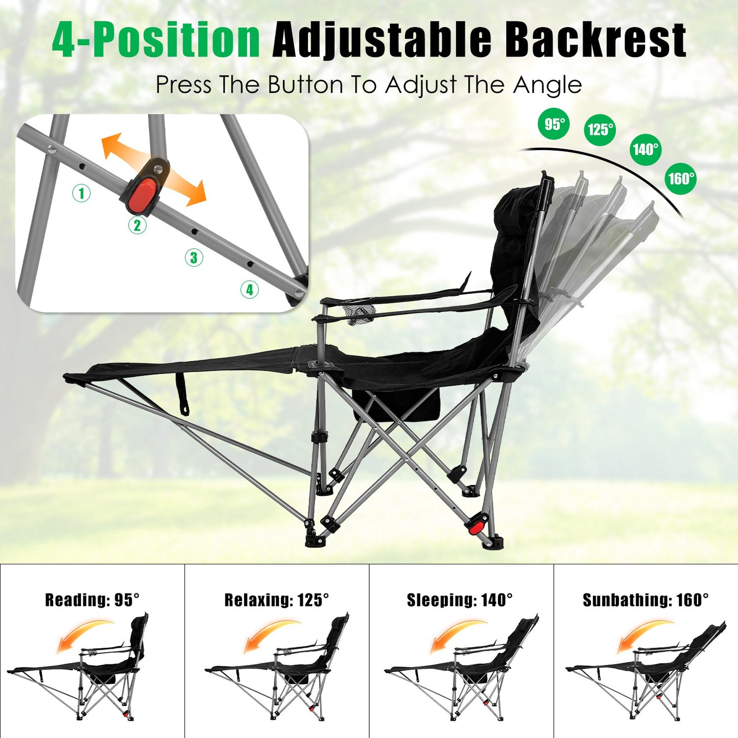 Reclining Camping Chair with Footrest - 4-Position Adjustable