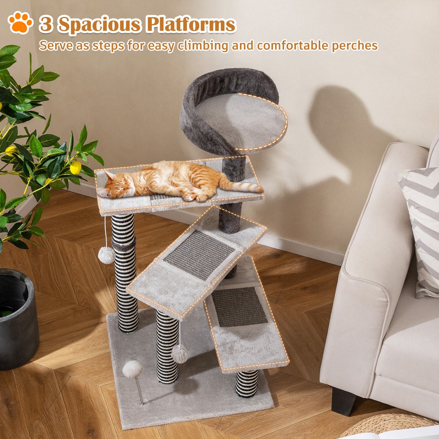 93 CM Tall Cat Tree Kitten Tower with Sisal and Jute Scratching Posts-Gray