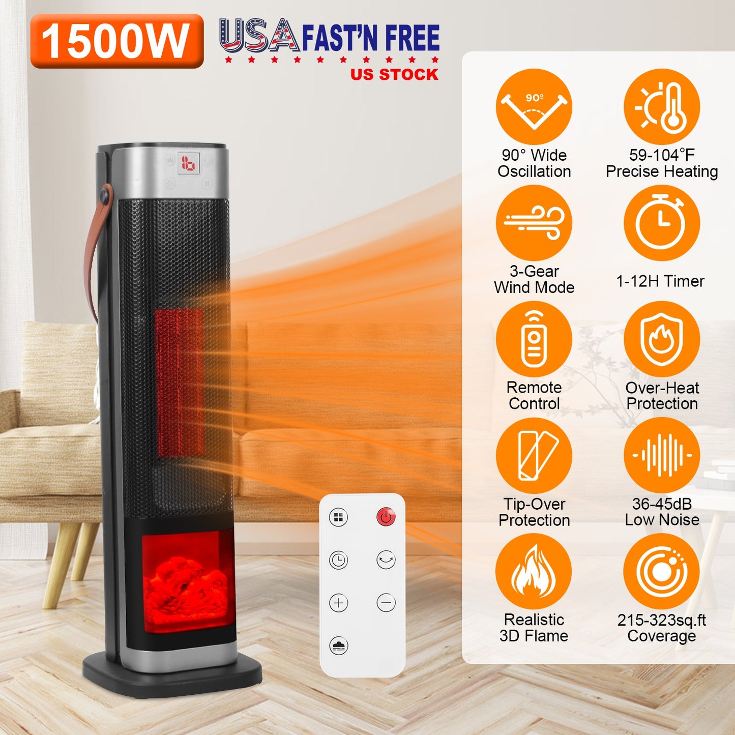 Oscillating Ceramic Tower Space Heater with Remote Control