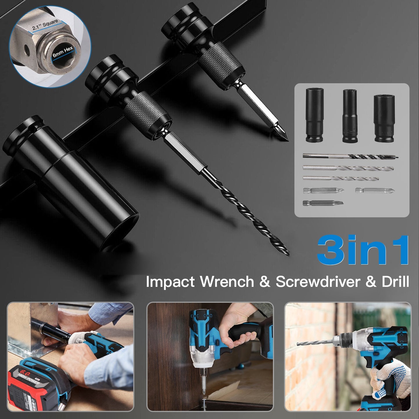 Cordless Impact Wrench 3-in-1 with Brushless Motor & 2 Batteries