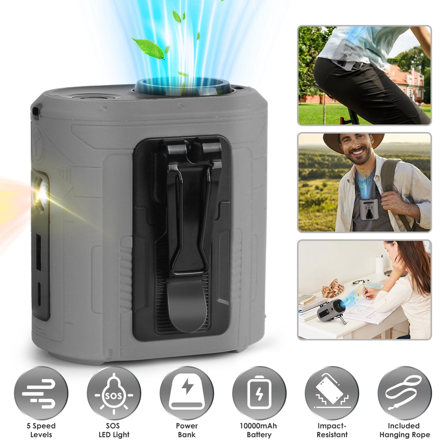 Portable Waist Clip Fan 5-in-1 with 10000mAh Power Bank