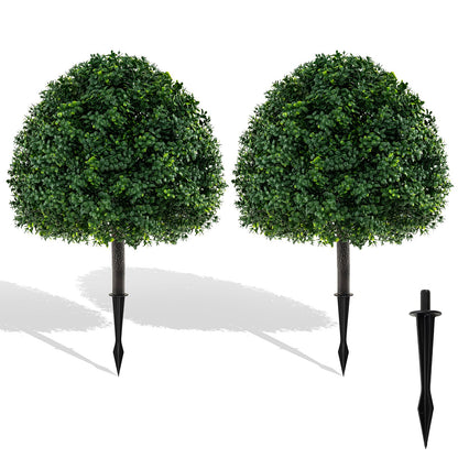 28 Inches Artificial Boxwood Topiary Ball Tree Set of 2 with Ground Spike-Green