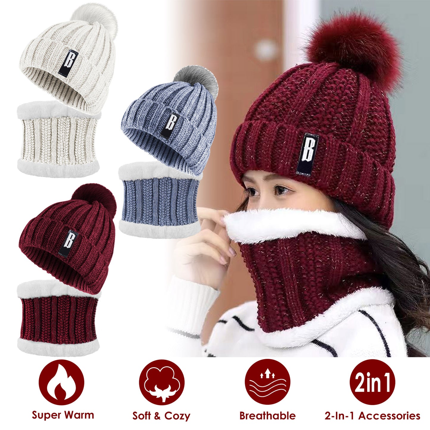 Beanie Hat and Scarf Set - Fleece Lined Winter Knit