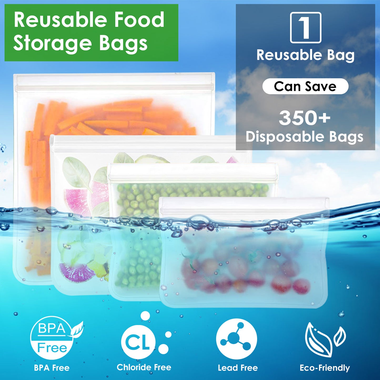 Reusable Food Storage Bags Set of 20 - Leakproof PEVA Freezer Bags
