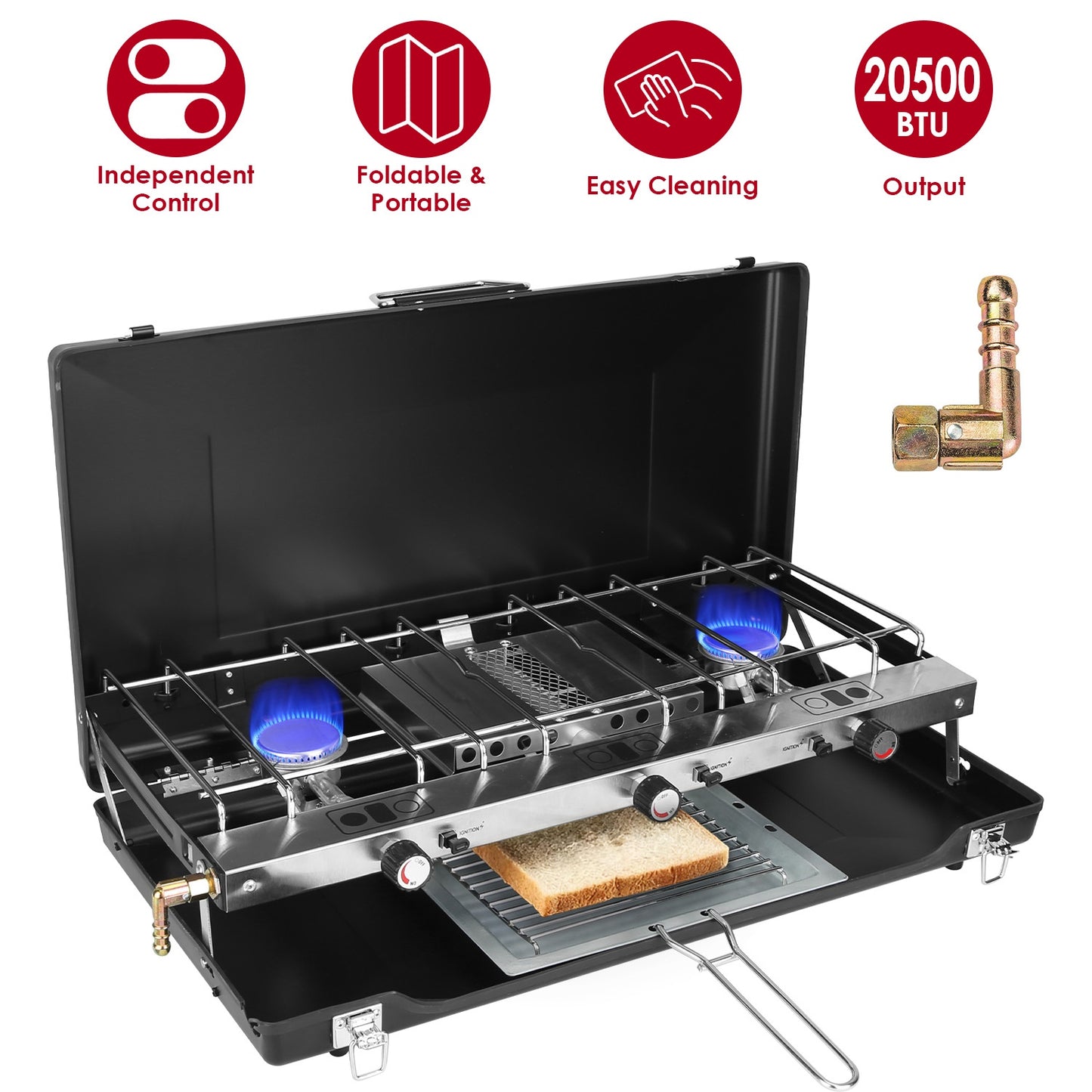 3 Burner Camping Stove 20000 BTU Portable Propane Gas Stove
