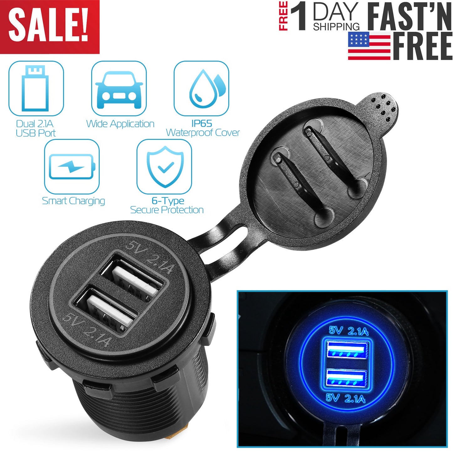 Dual USB Car Charger 12-24V Waterproof Cigarette Lighter Socket