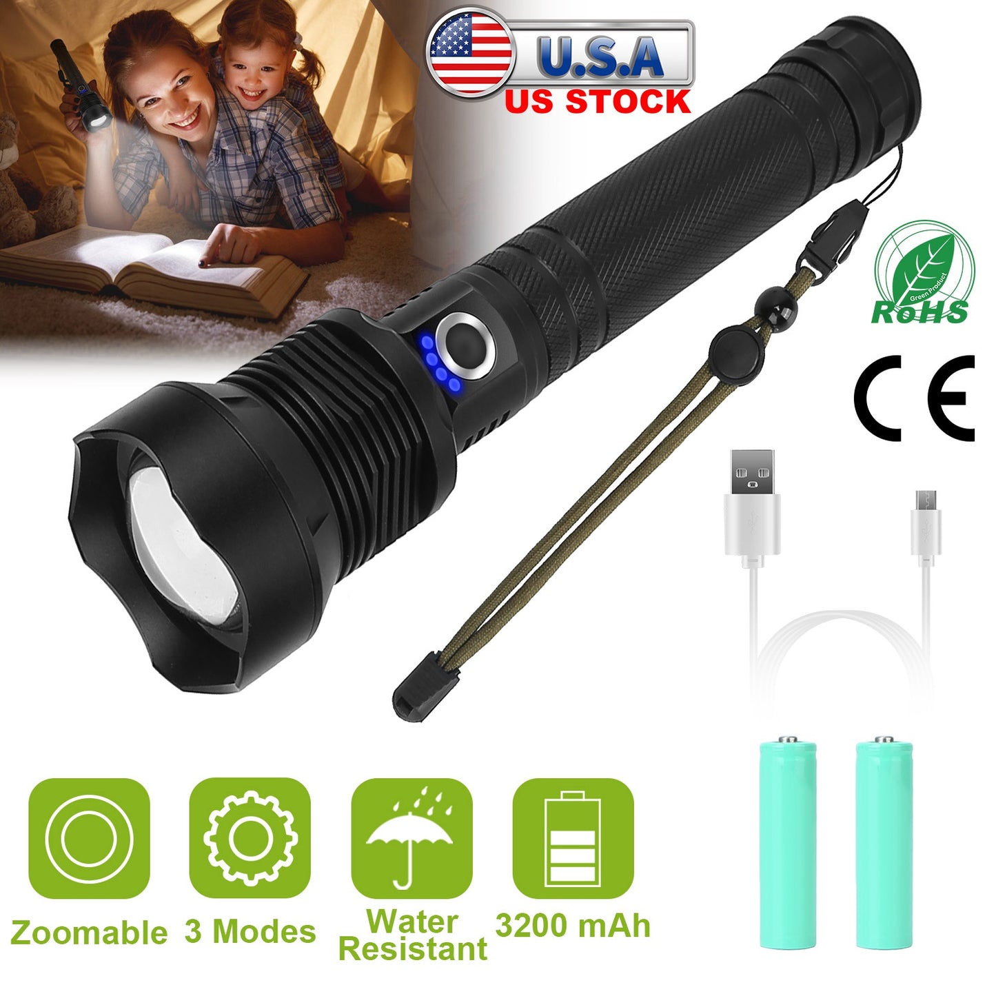 Rechargeable LED Tactical Flashlight 30000LM Zoomable