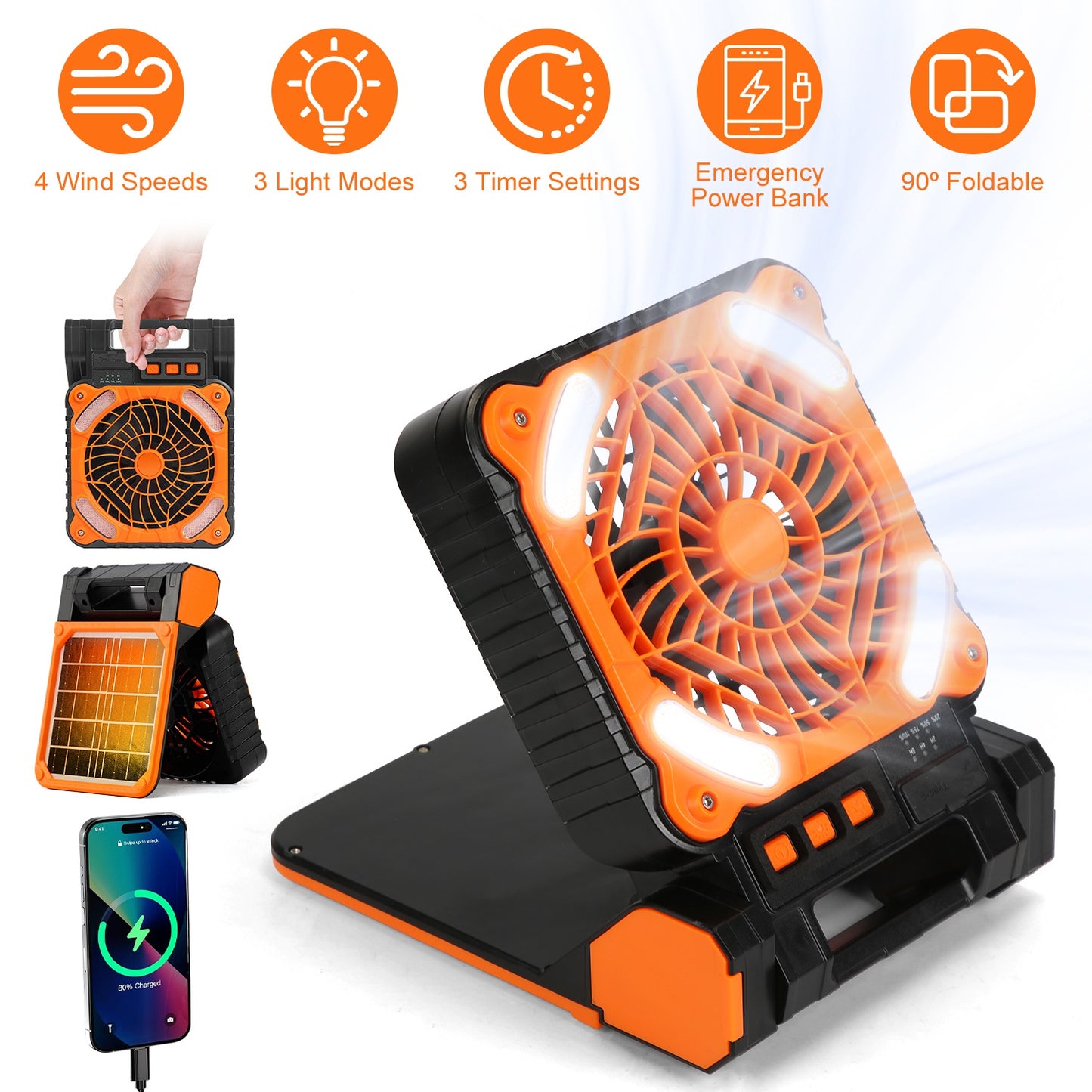 Solar Camping Fan with LED Lantern & 5200mAh Power Bank