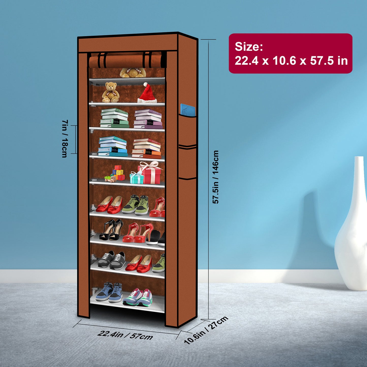 10-Tier Shoe Rack with Dustproof Cover - Holds 27 Pairs