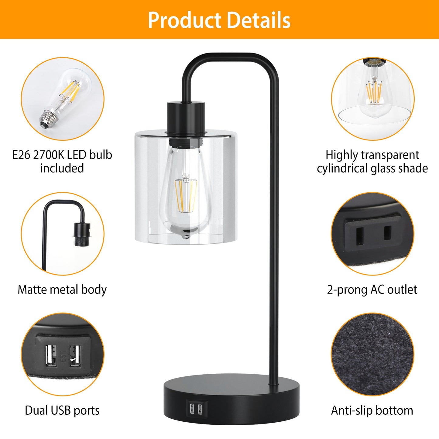 Touch Control Table Lamp with USB Ports & Dimmable Light