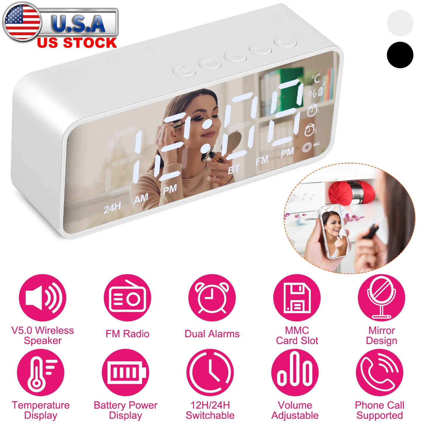 Mirror Digital Alarm Clock with Bluetooth Speaker & FM Radio
