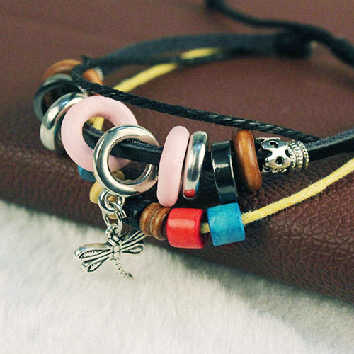 Fashion Dragonfly Pendant Leather Wristband