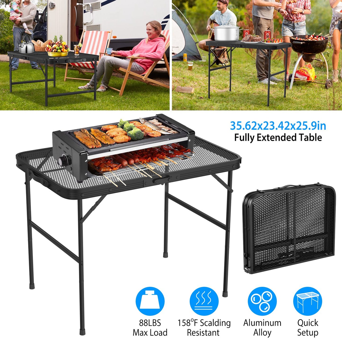 Foldable Camping Table with Adjustable Height & 88lb Capacity