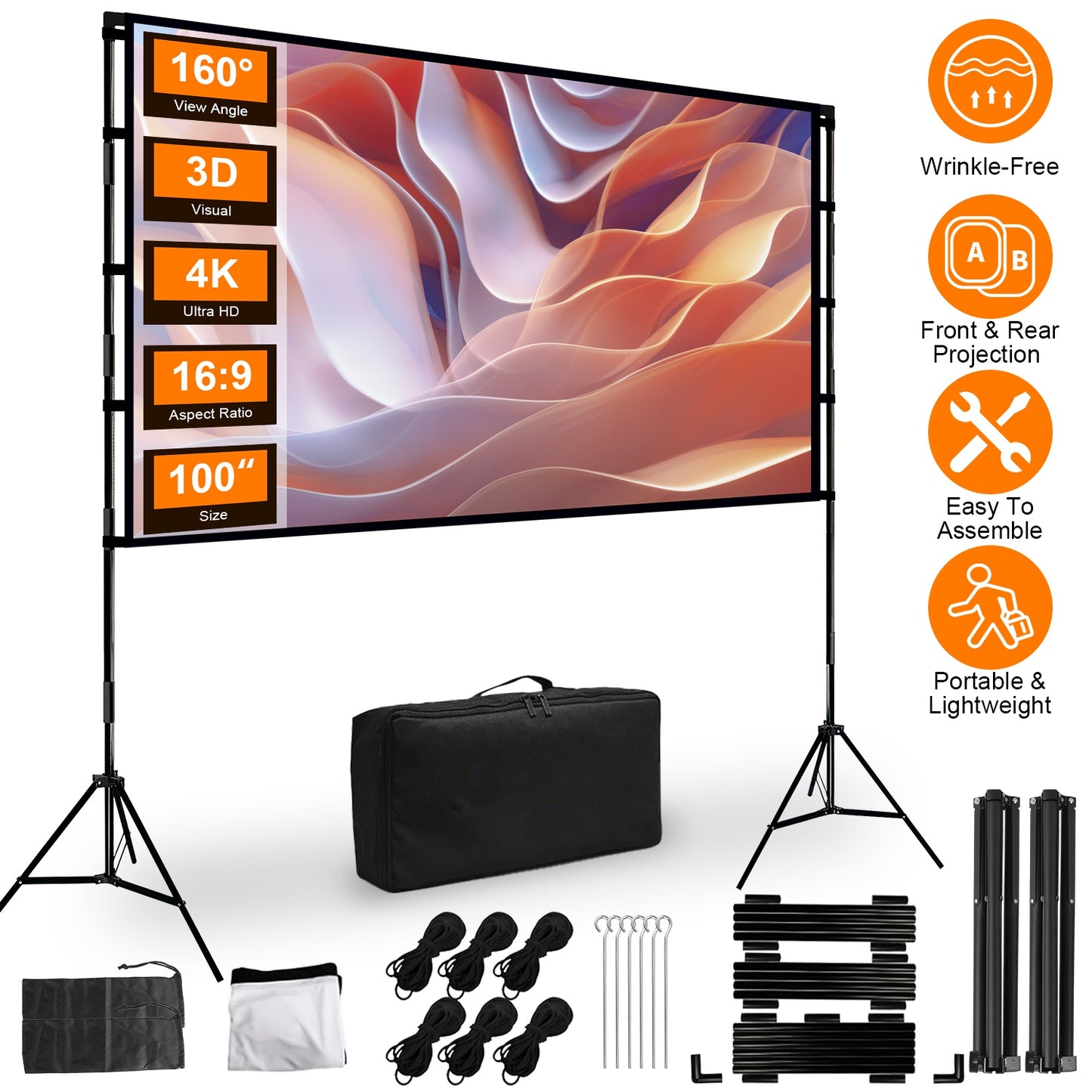 100" Projector Screen with Stand - 16:9 4K HD Portable