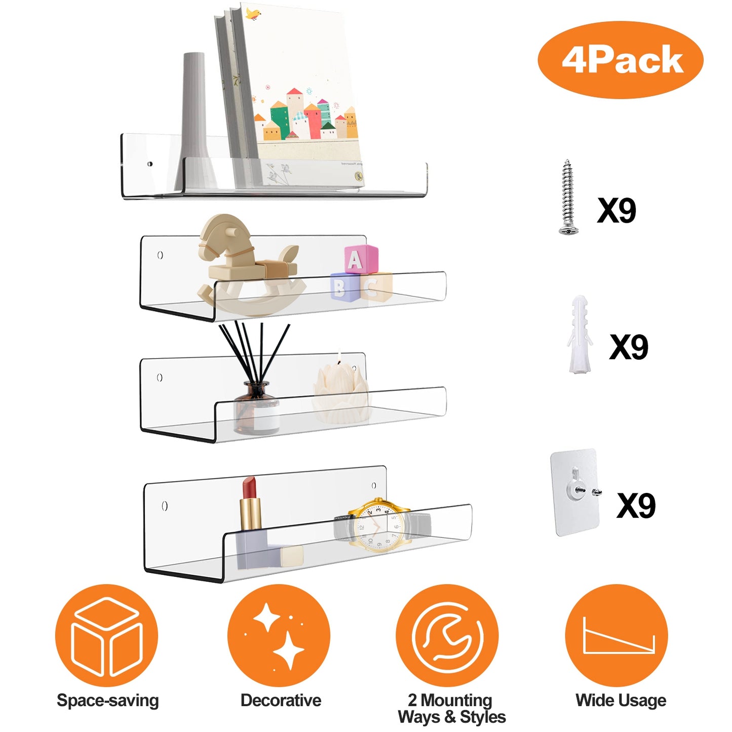Clear Acrylic Floating Shelves 4 Pack - 15 Inch Wall Mounted