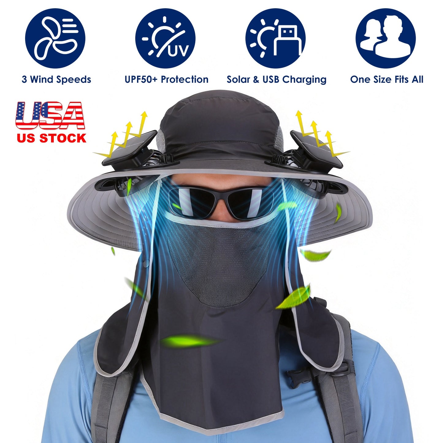 Solar Fan Hat with UPF50+ Sun Protection and Neck Flap