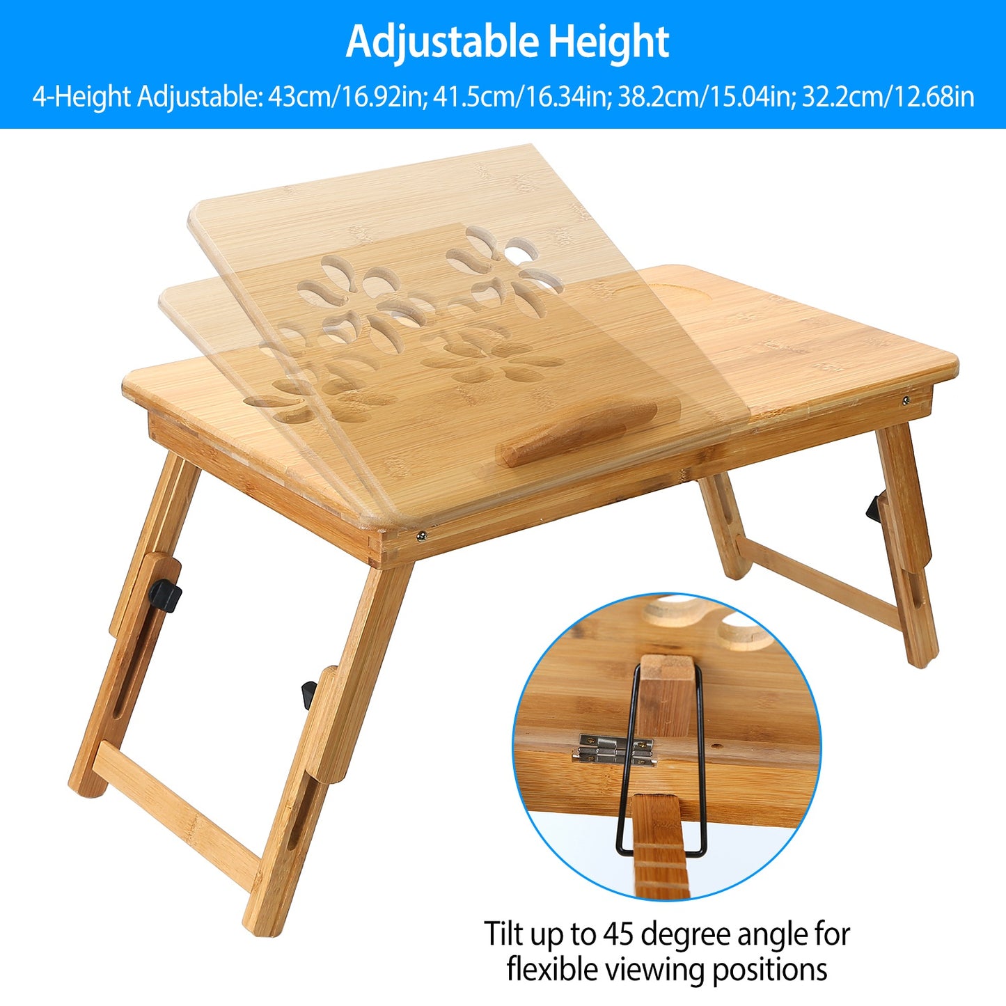 Bamboo Laptop Desk with Adjustable Legs and Storage Drawer