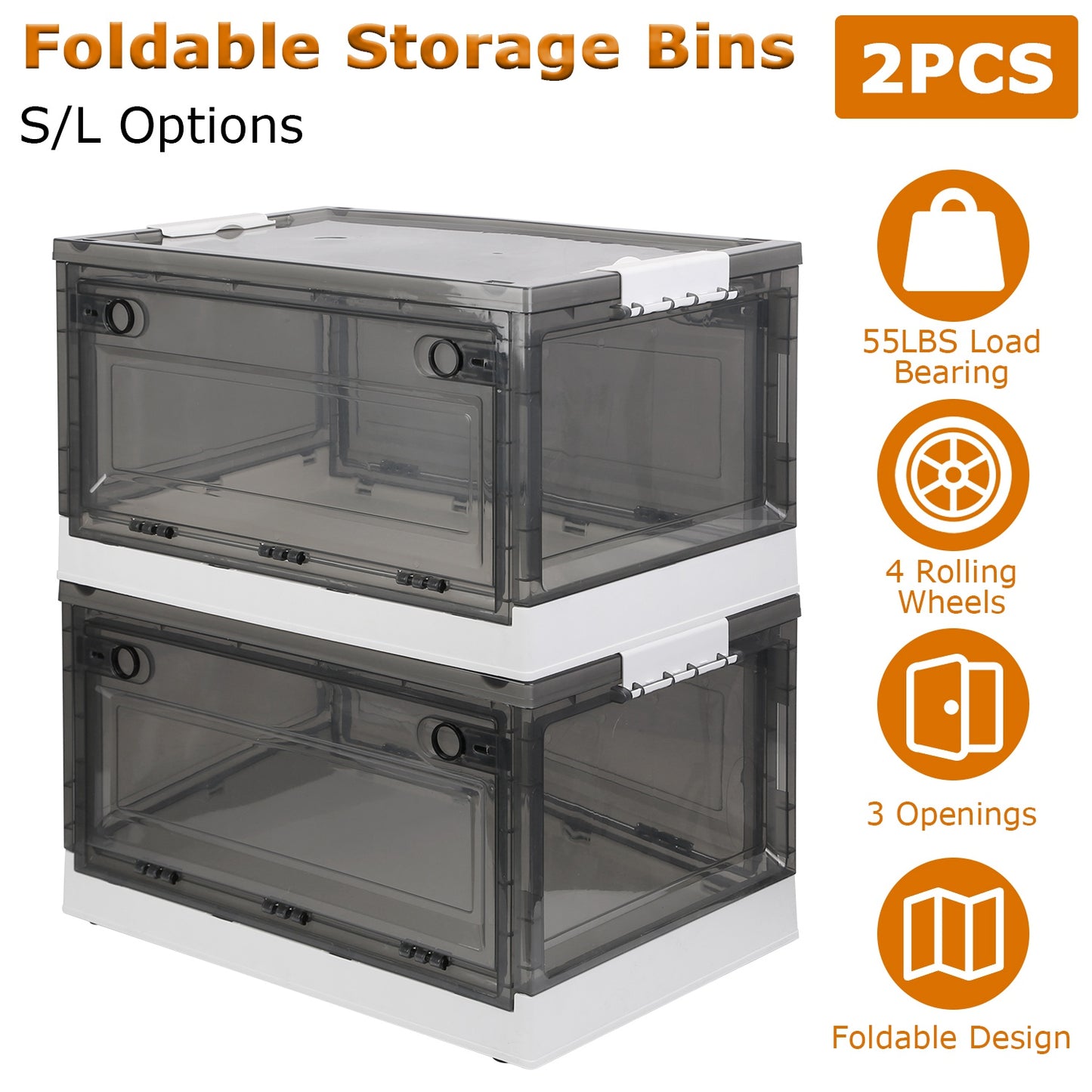 Foldable Storage Bins with Wheels - 2 Pack Stackable Organizer
