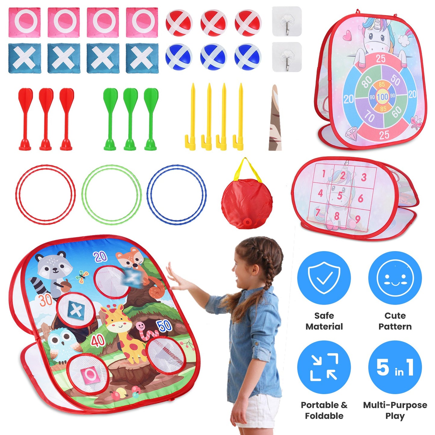 5-in-1 Bean Bag Toss Game Set with Dart Board & Storage Bag