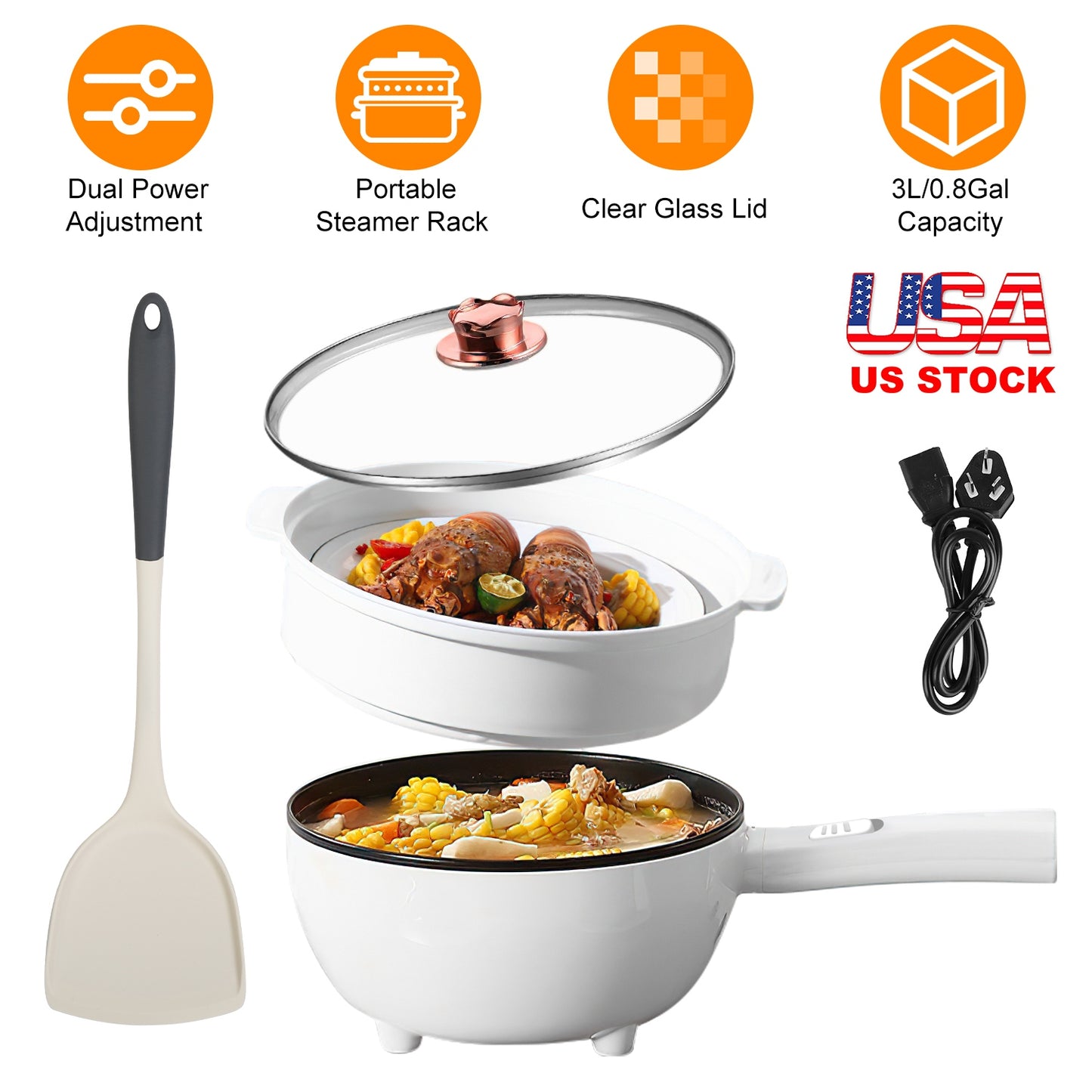 Electric Hot Pot with Steamer Rack - 3L Non-Stick Cooker