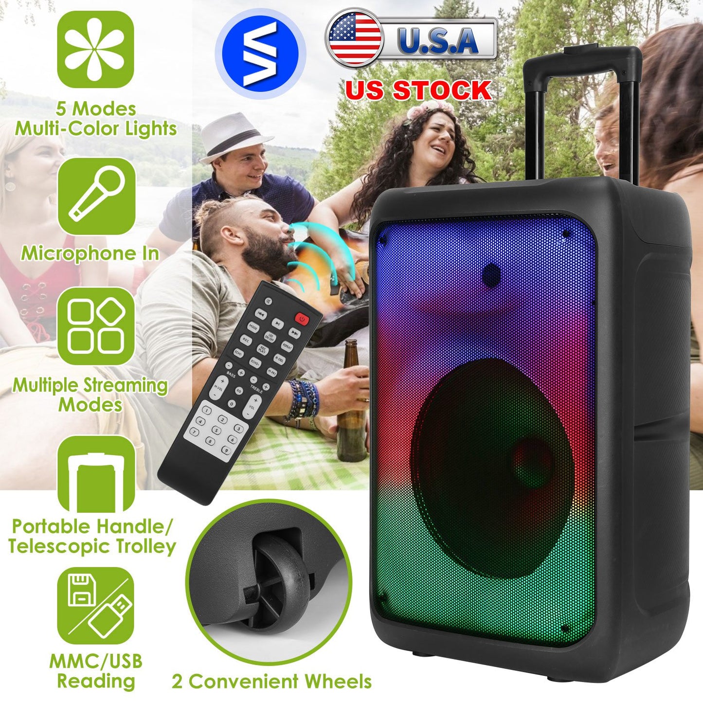 Portable Bluetooth Party Speaker with RGB Lights & Microphone