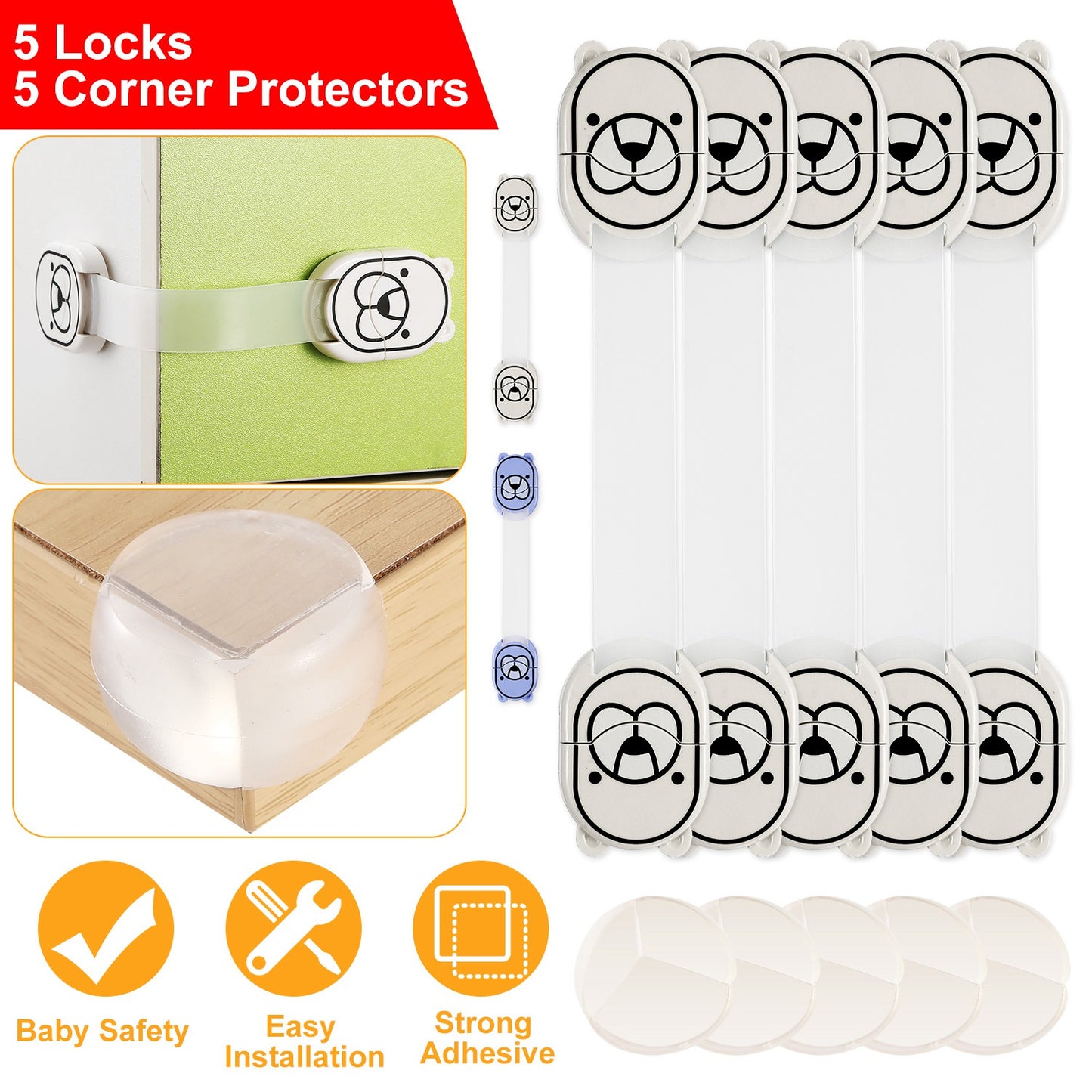 Child Safety Locks with Corner Protectors - 10 Piece Set