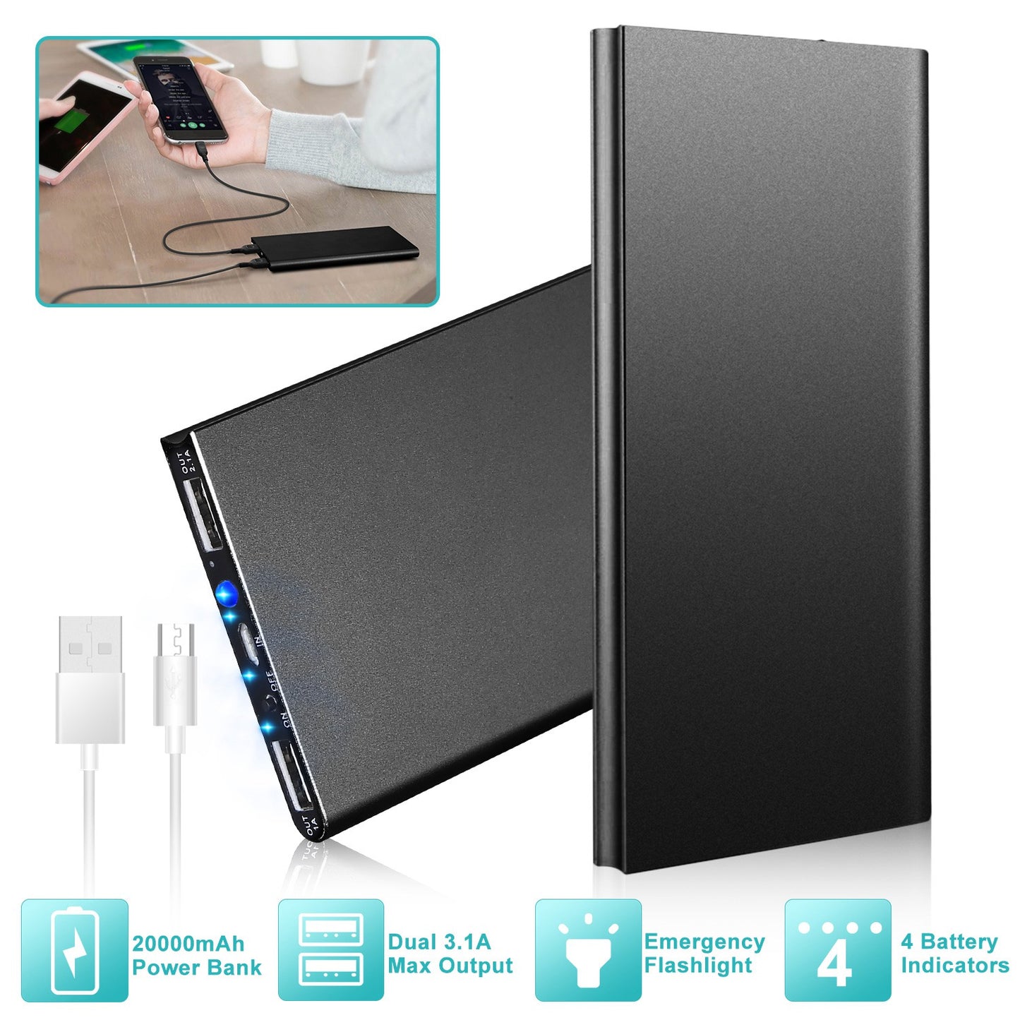 20000mAh Power Bank Dual USB Ports Ultra-Thin Portable Charger