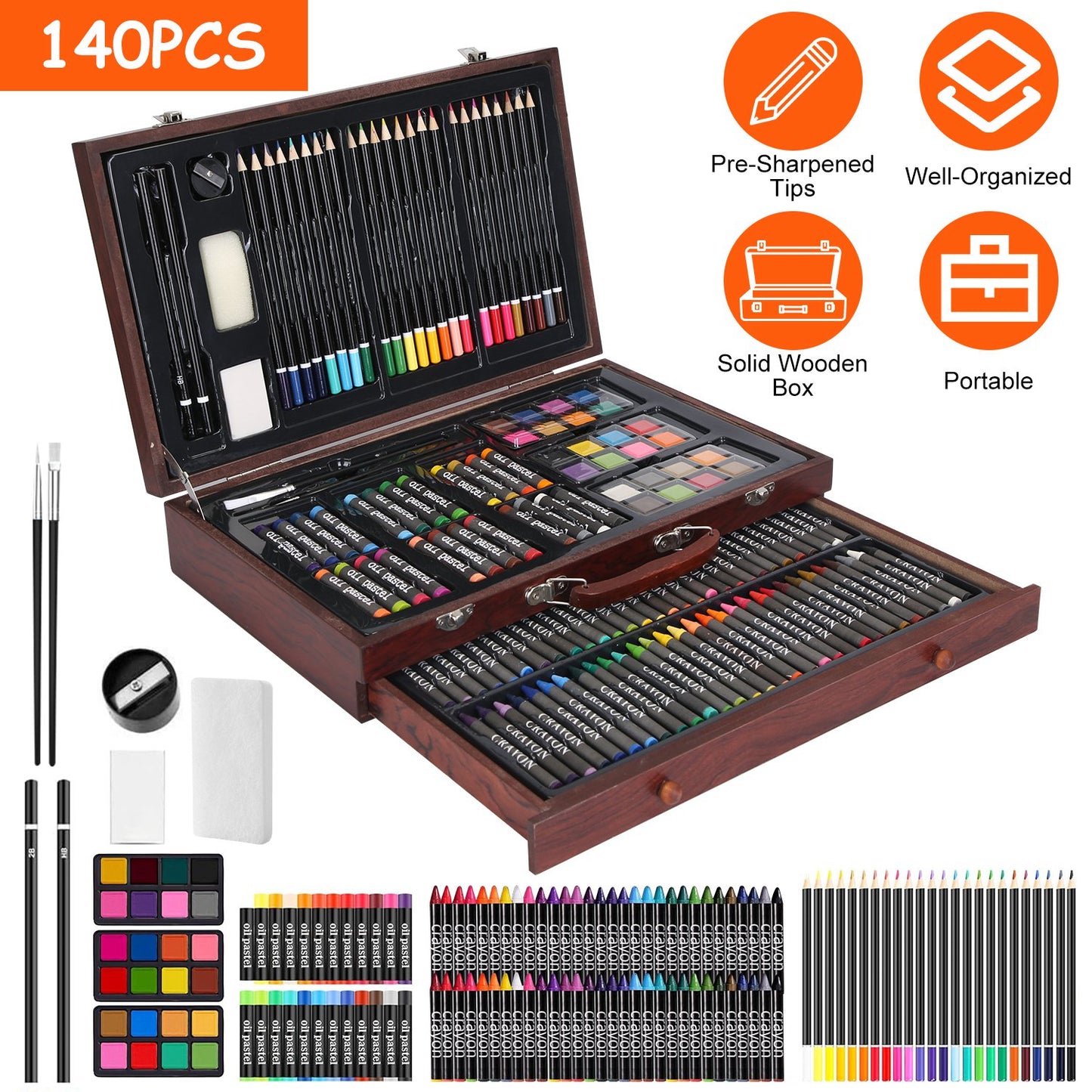 140-Piece Art Supply Set in Wooden Box with Pencils & Paints