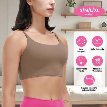 Women Strap Sport Bras Padded Strappy Crop Square Neck Low Impact Bras Sexy Fitness Tank Tops with Removable Pads Flat Straps for Gym Yoga Workout Run