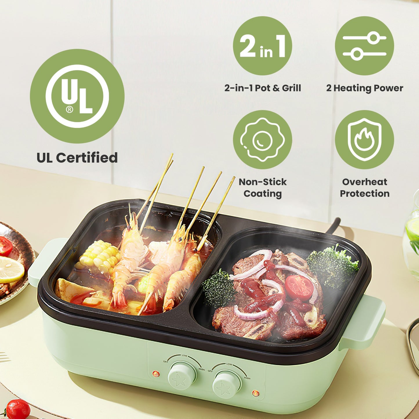 Electric Hot Pot with Grill 2-in-1 Combo for 1-2 People