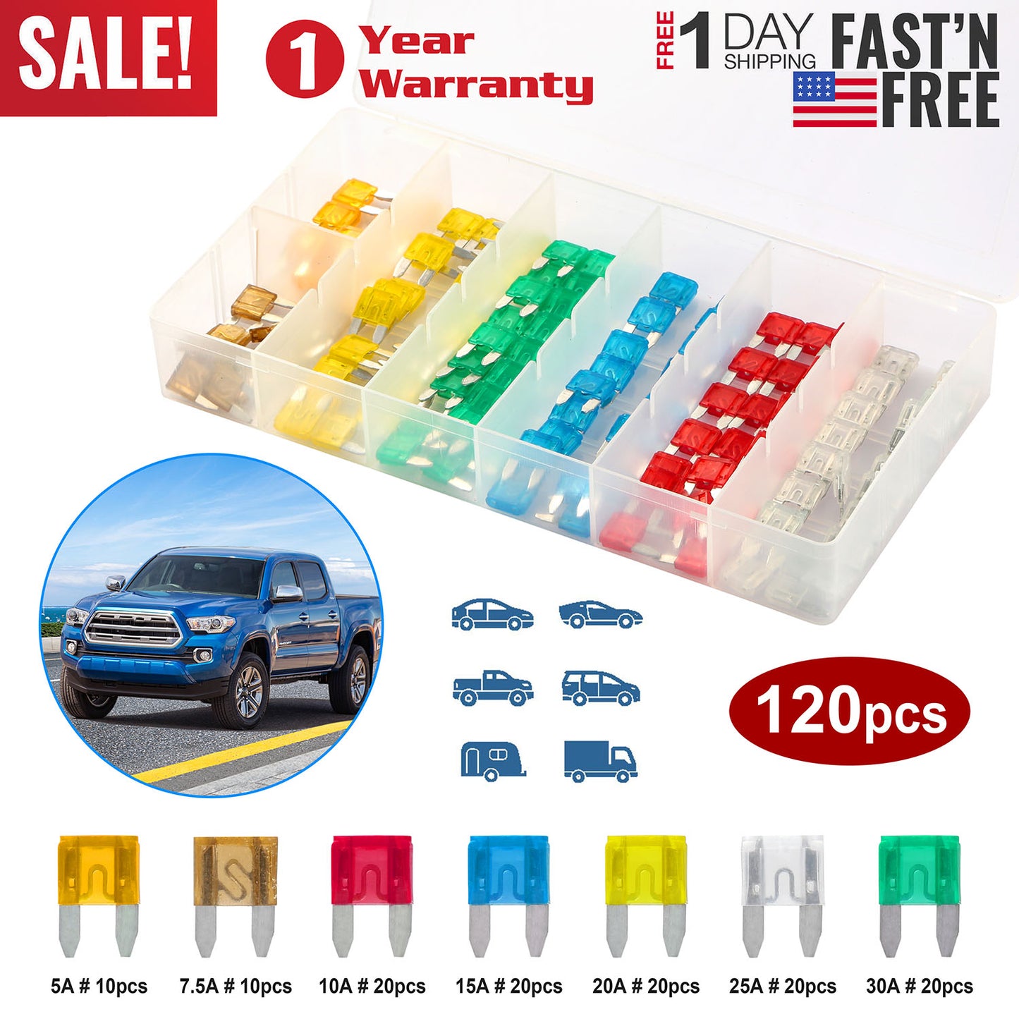 Auto Blade Fuse Set 120-Piece Assorted Kit with Storage Box