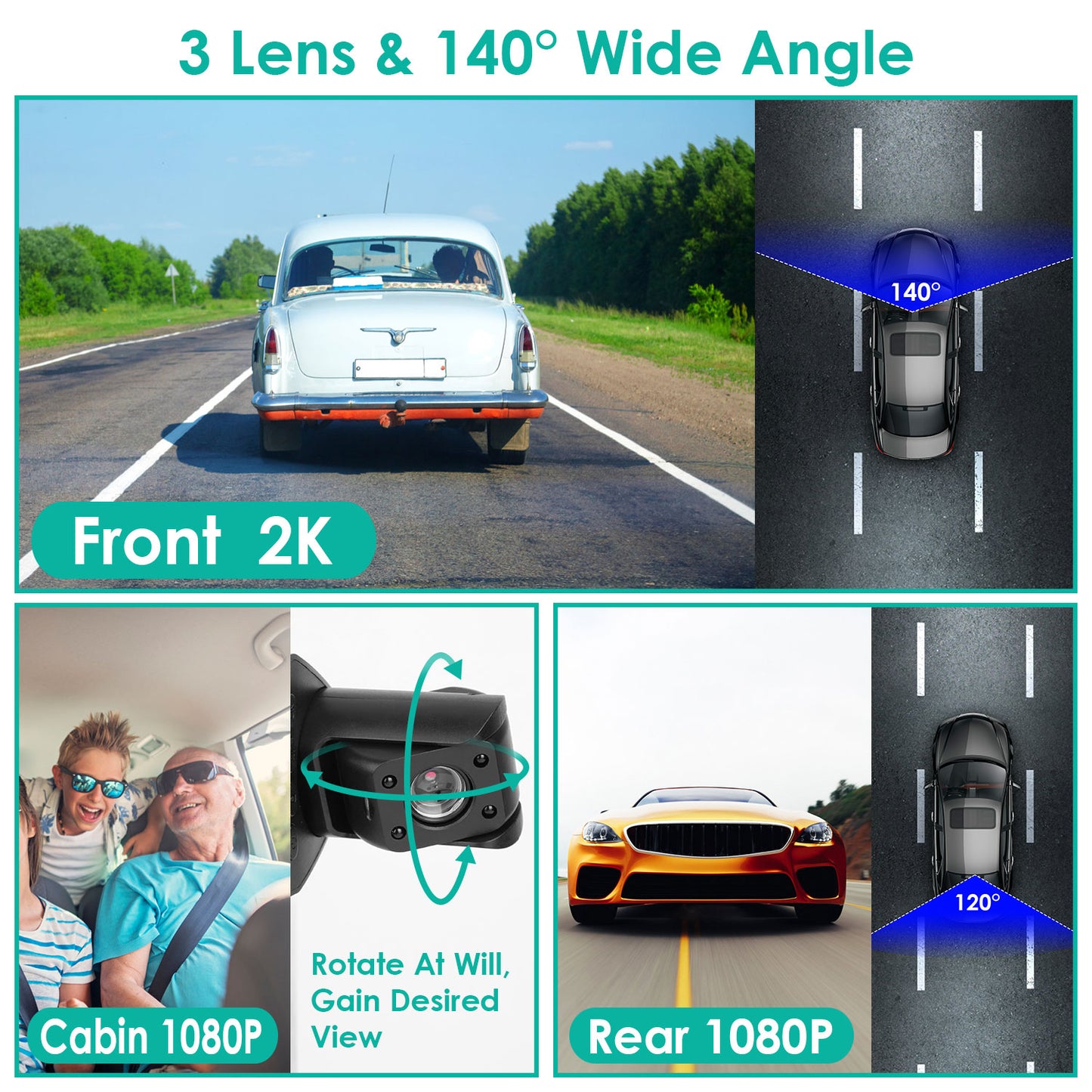2K Dash Cam with 3 Channels, GPS, WiFi & Night Vision