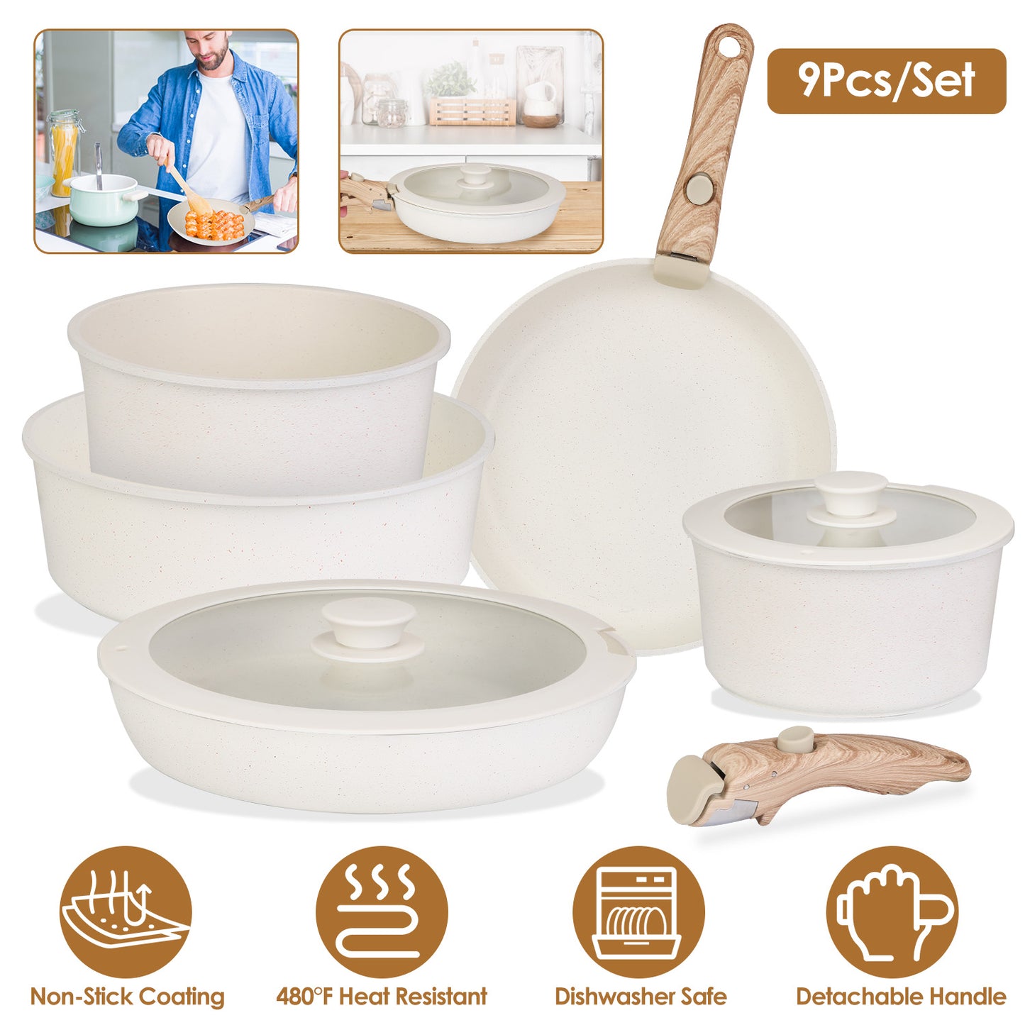 Nonstick Cookware Set 9-Piece with Detachable Handles