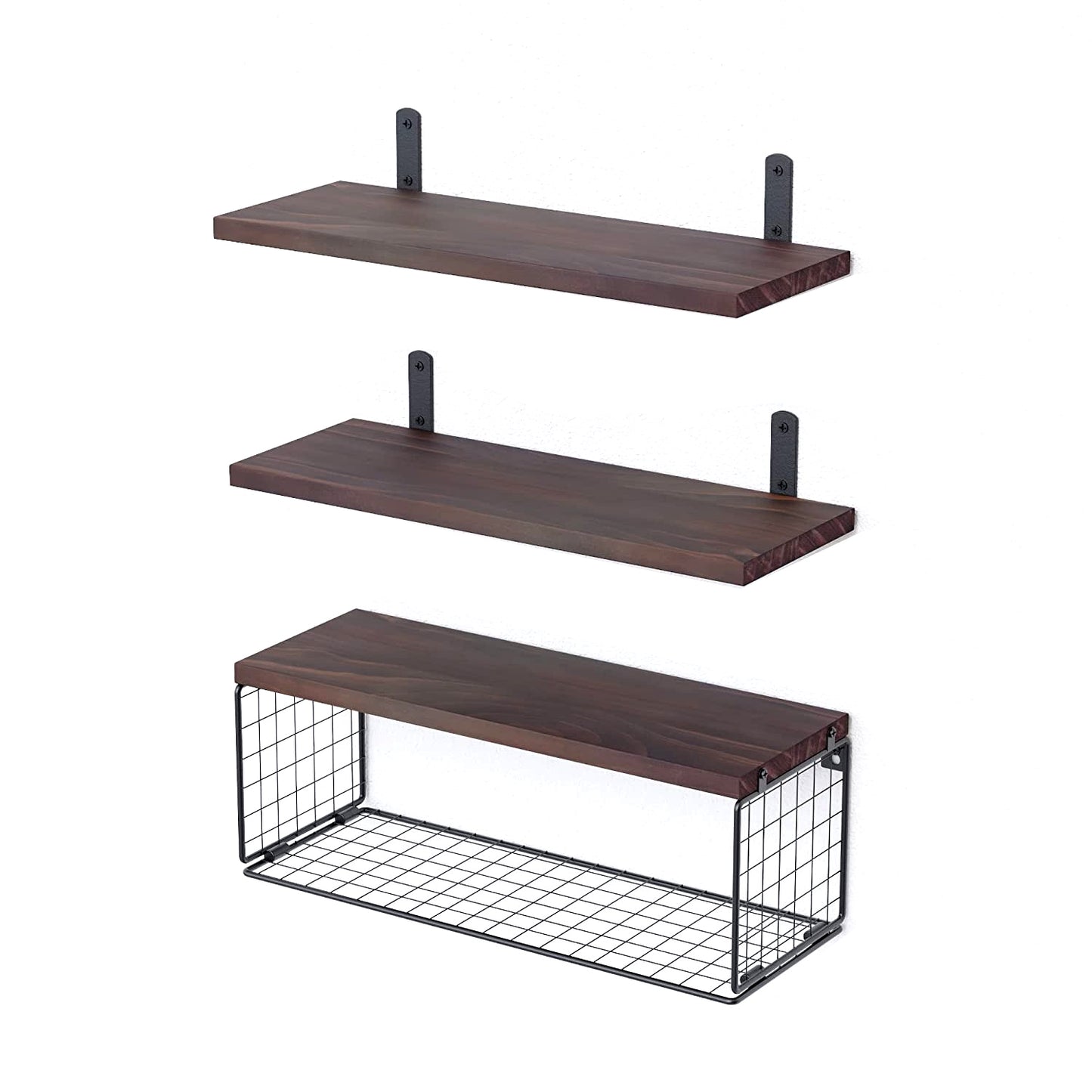 Floating Shelves Wall Mounted with Storage Basket - 3 Tier Wood