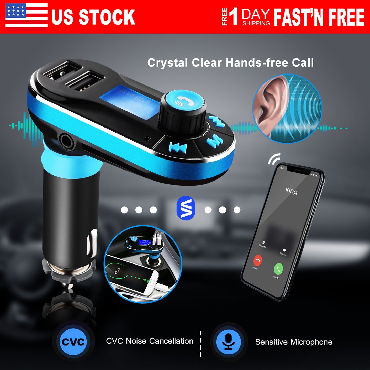 FM Transmitter with Dual USB Charger & Hands-Free Calling