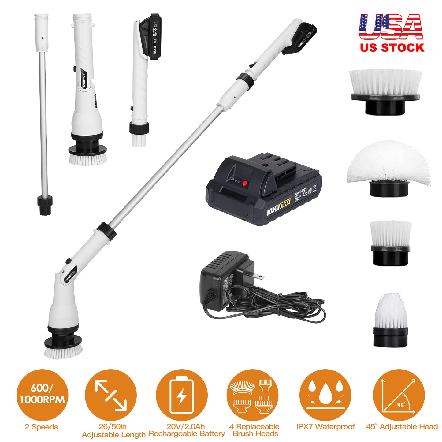 Electric Spin Scrubber with 4 Brush Heads & Extension Rod