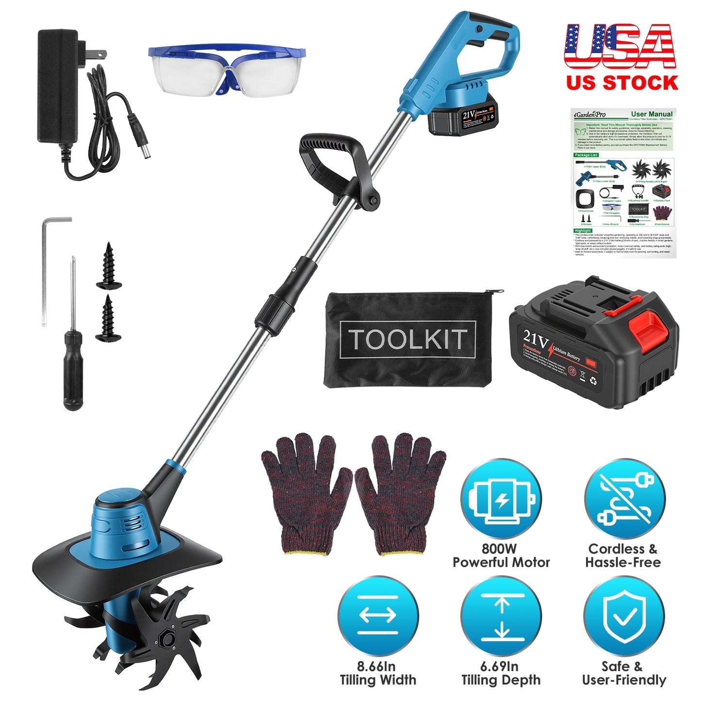 Cordless Tiller Cultivator 800W 21V Battery Powered Garden Tool