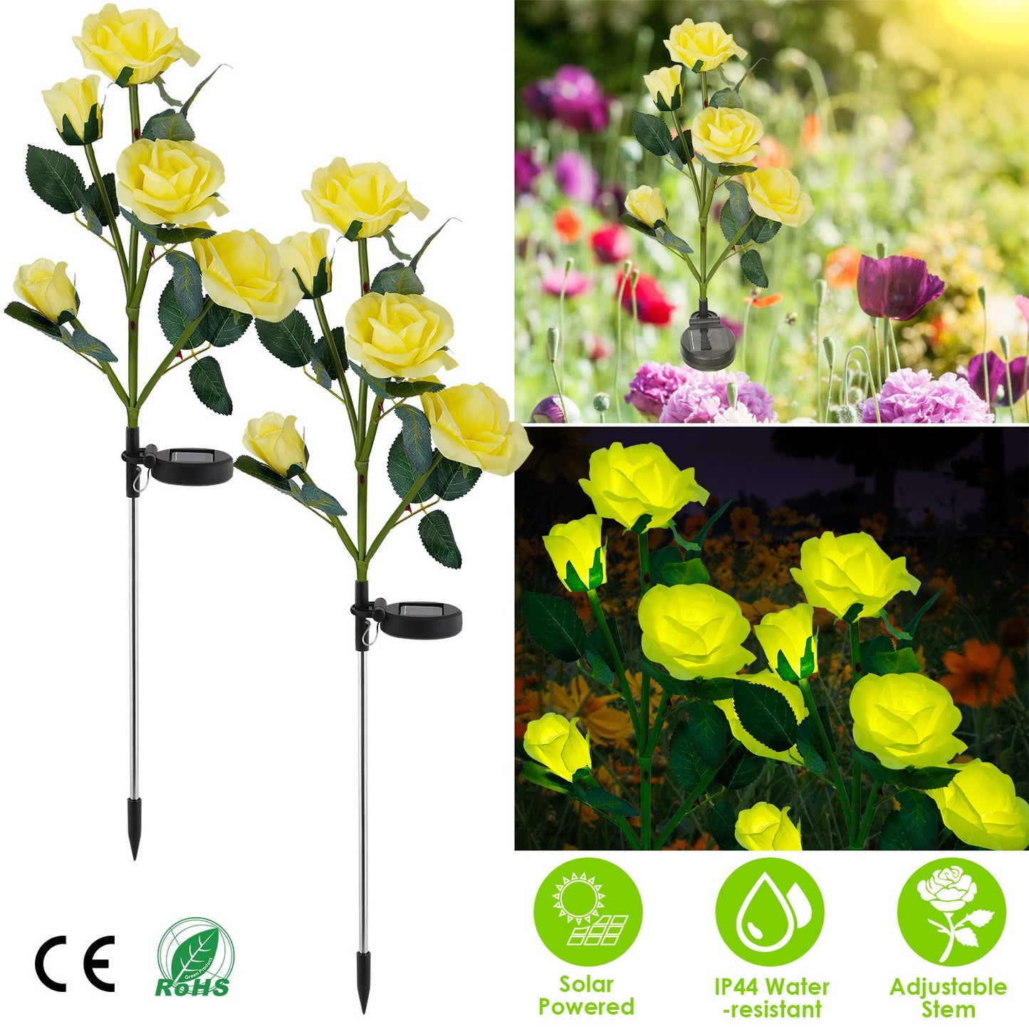 Solar Rose Flower Stake Lights - 2 Pack Outdoor Garden Decor