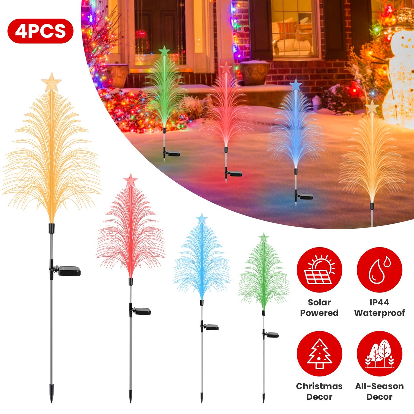 Solar Christmas Tree Stake Lights - 7 Color Changing (4-Pack)