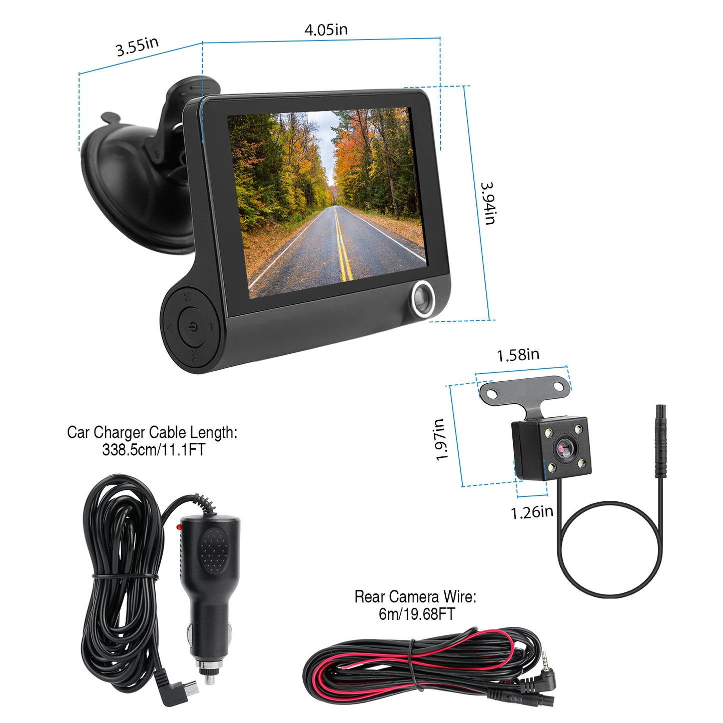 Dash Cam 3-Lens 1296P Front Rear Interior 4" Screen