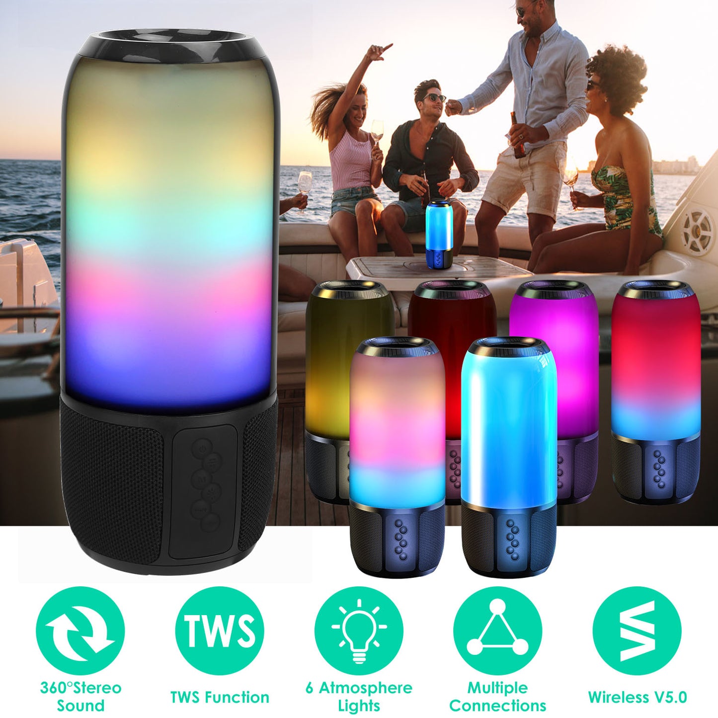 Portable Bluetooth Speaker with 6 Color LED Lights & Stereo Sound