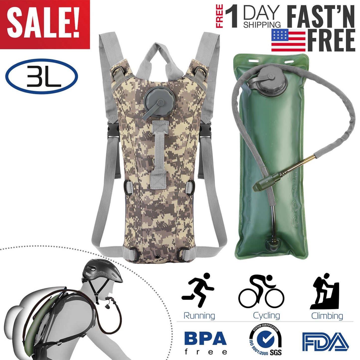 Tactical Hydration Pack with 3L Water Bladder