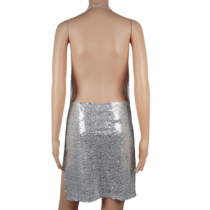 Sexy Women Chain Choker Side Slit Backless Slip Dress With Sequins