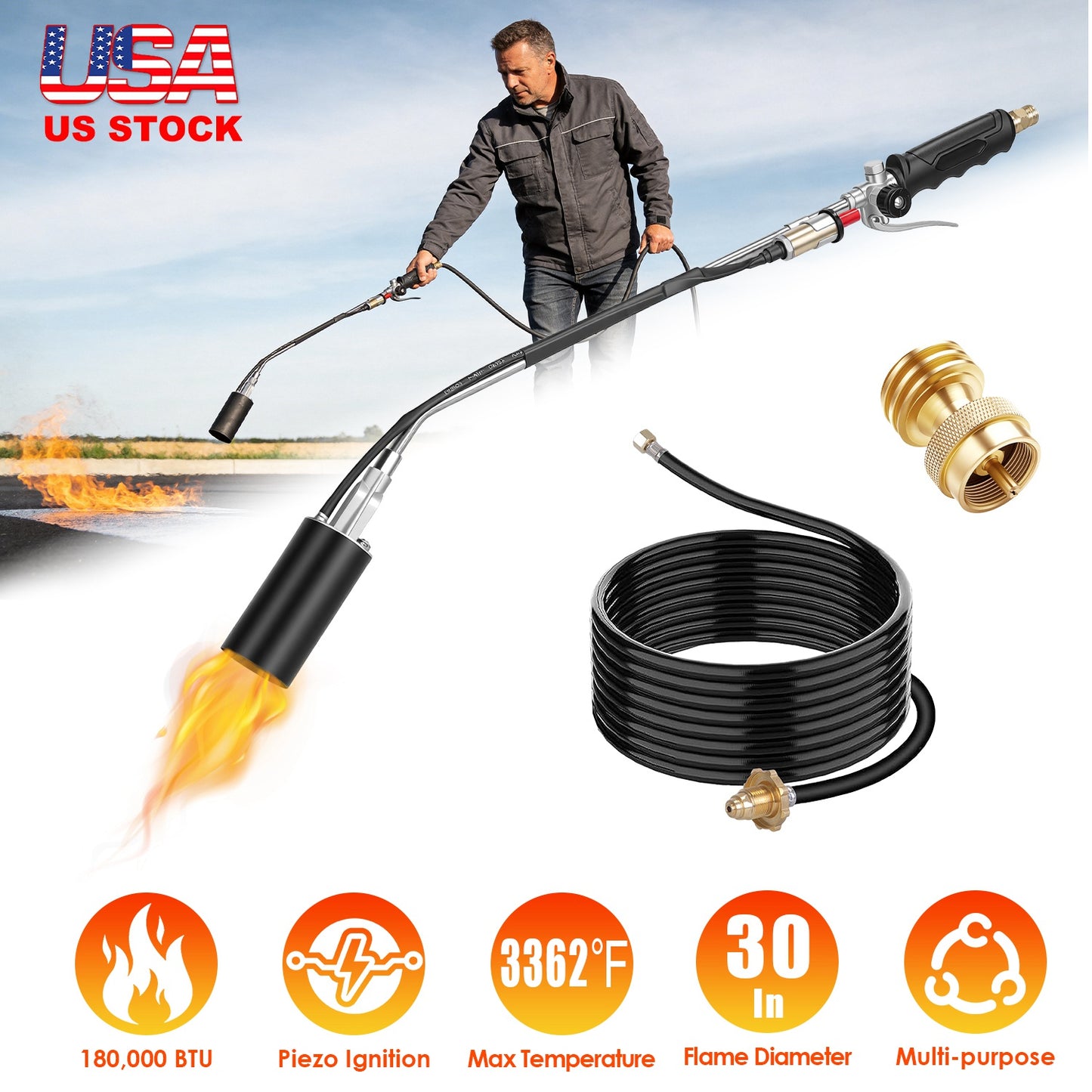 180,000 BTU Propane Weed Torch with 10FT Hose & Piezo Ignition