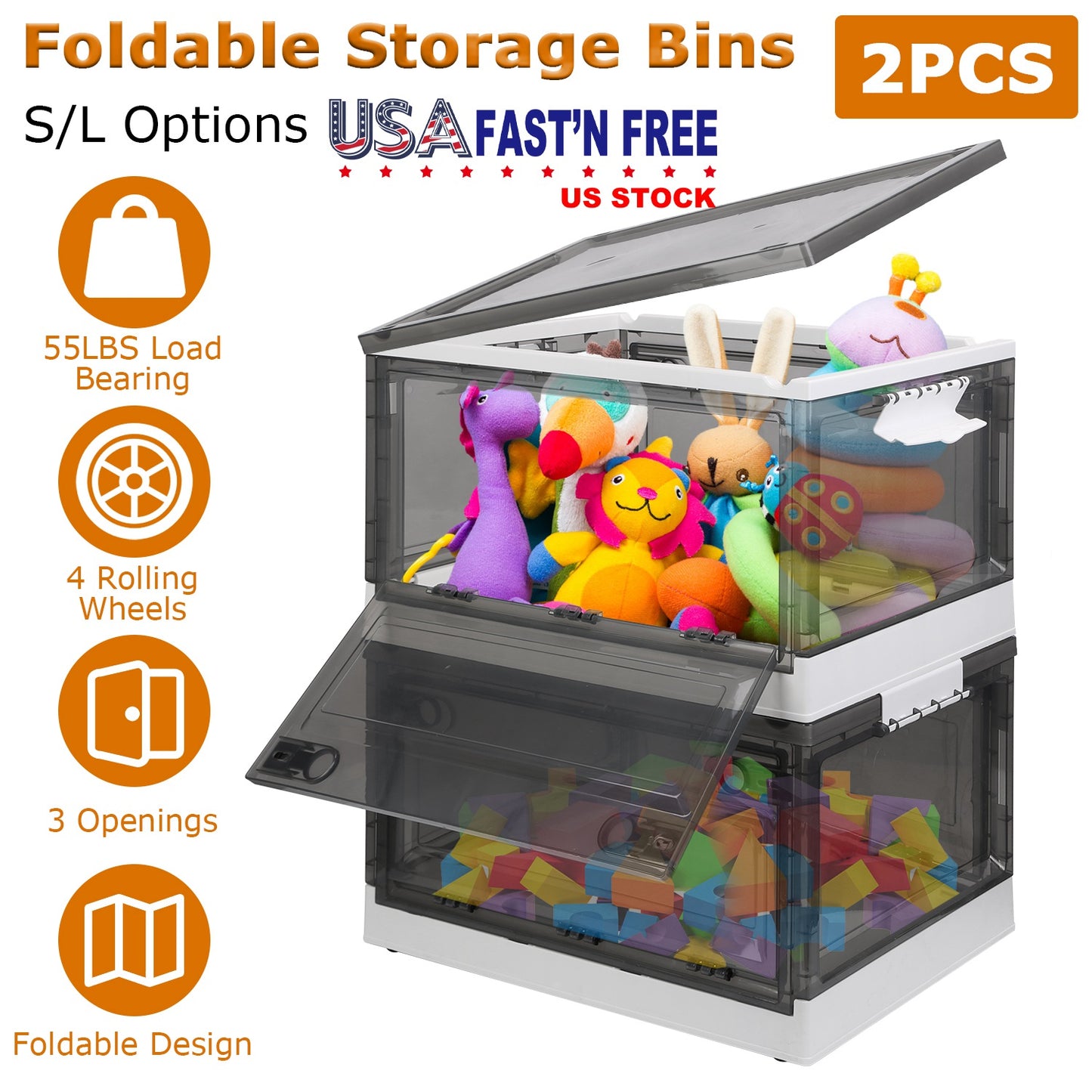 Foldable Storage Bins with Wheels - 2 Pack Stackable Organizer