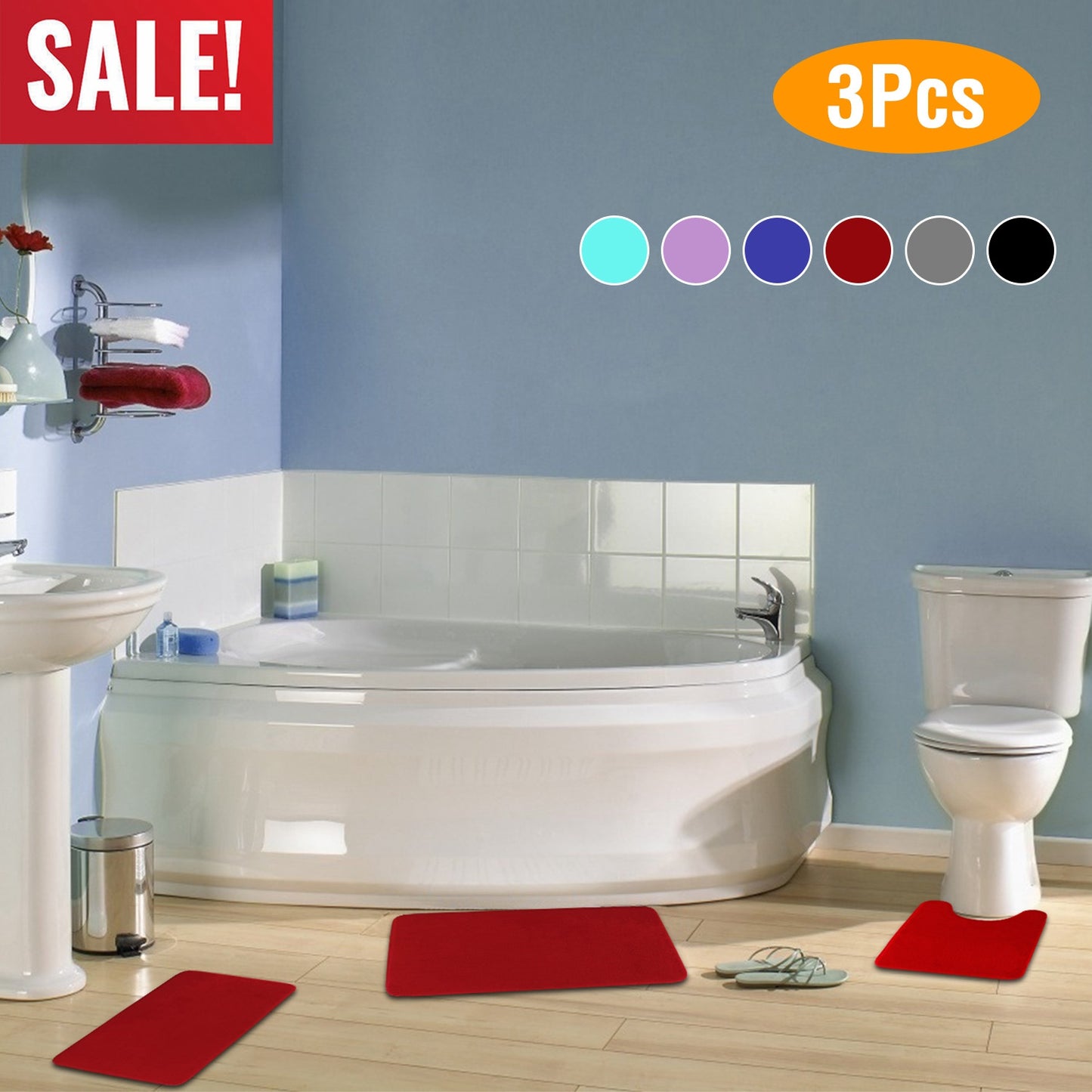 Bathroom Rug Set 3-Piece Plush Memory Foam Non-Slip