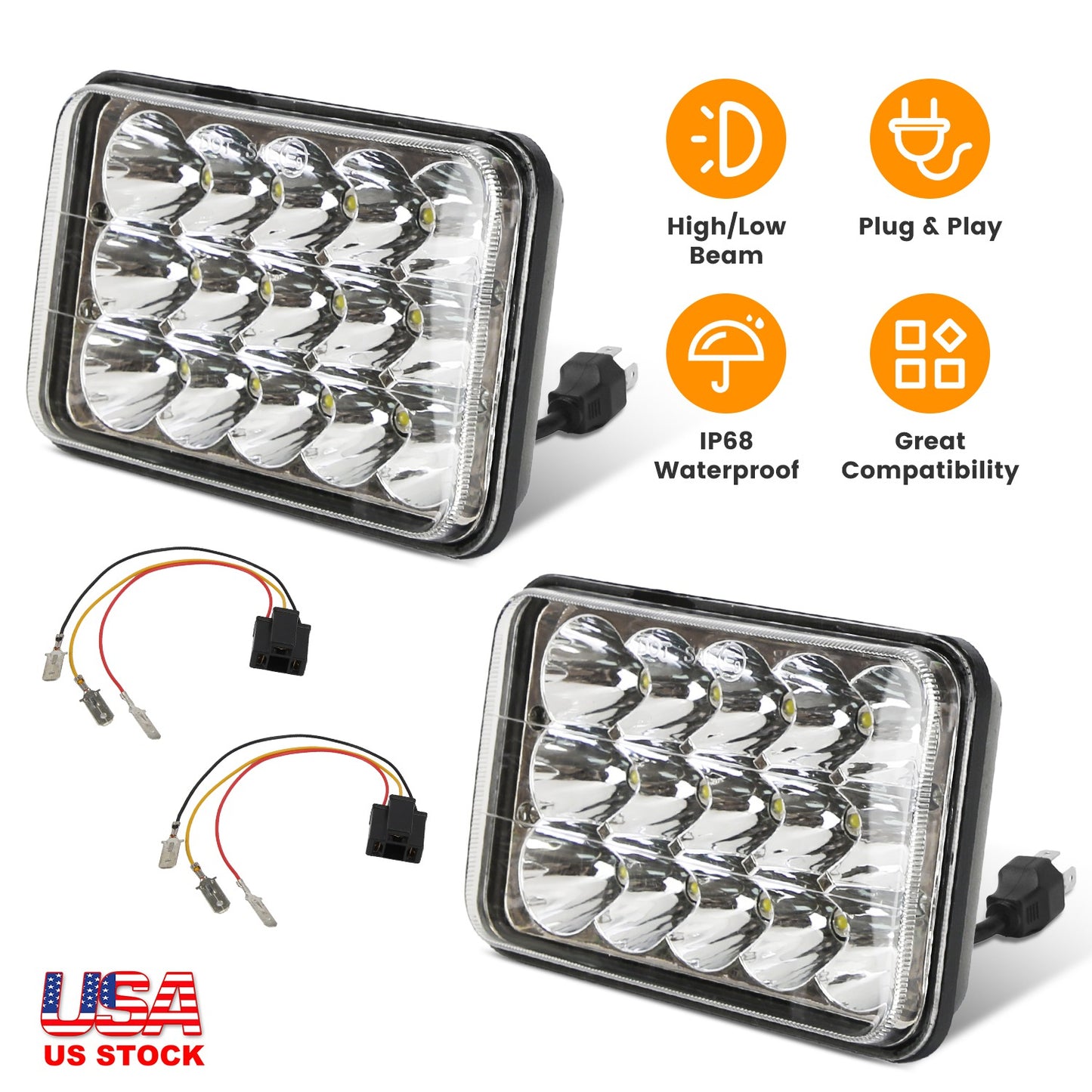 4x6 Inch LED Headlights with High/Low Beam for Cars & Trucks
