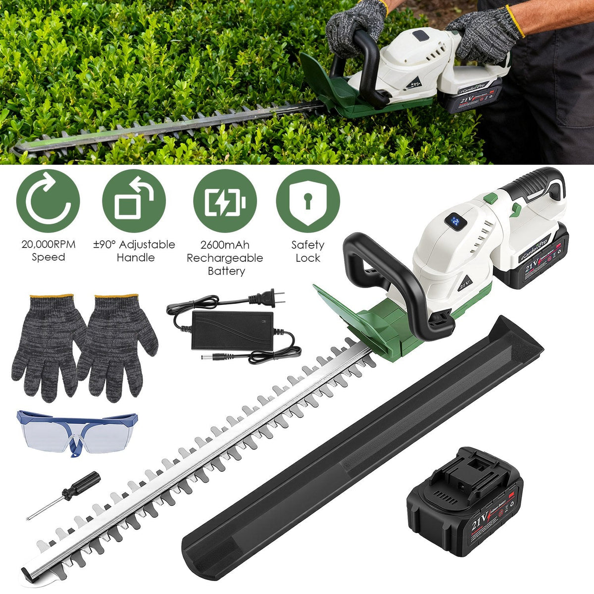 20" Cordless Hedge Trimmer 21V Electric Bush Trimmer with Dual Blades