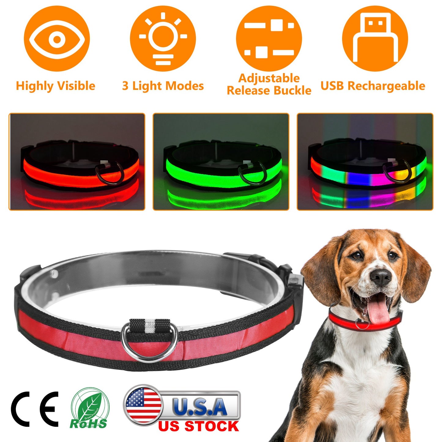LED Dog Collar USB Rechargeable with Night Safety Lights