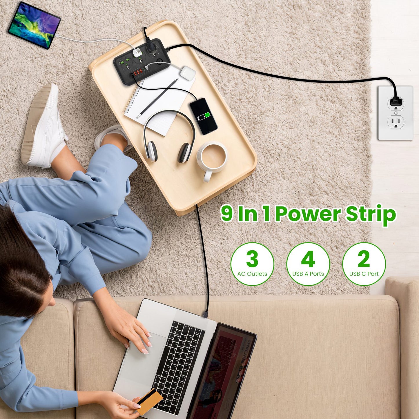 Power Strip with 5.9ft Extension Cord, 3 AC Outlets & USB Ports